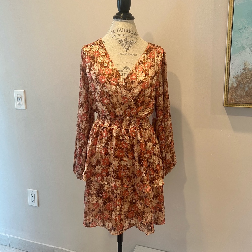 Rust/Cream/Peach/Gold Floral ruffle dress